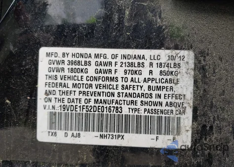2013 Acura Ilx 2.0L from USA, damaged, VIN 19VDE1F52DE016783